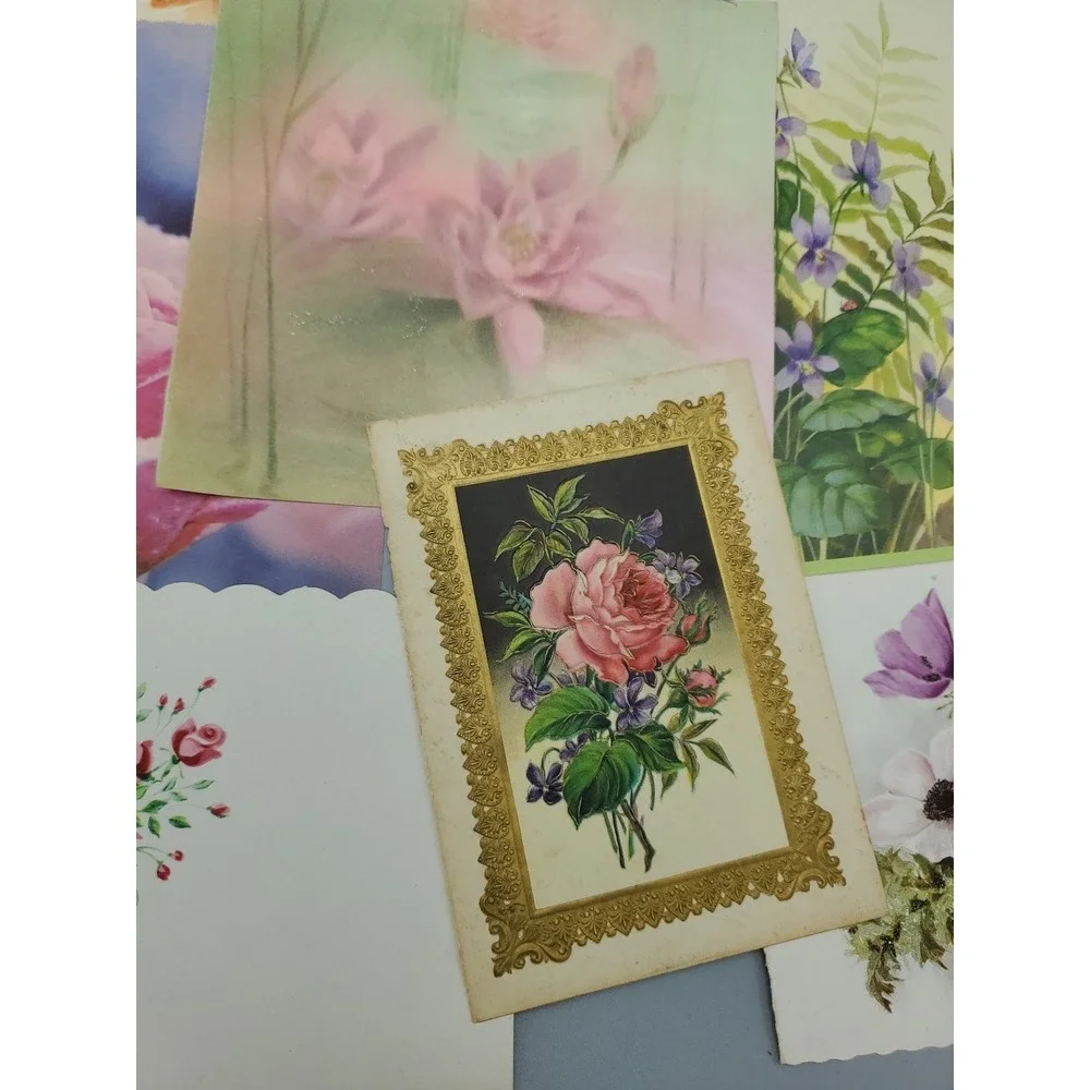14 Old Vintage Used Greeting Card Fronts for Crafts‎ Flowers Lotus Rose Violet